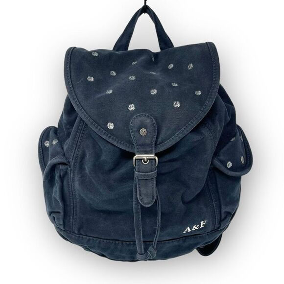 A & F Abercrombie & Fitch Blue Fabric Canvas Bag Backpack Silver Dot Spots - Picture 1 of 12